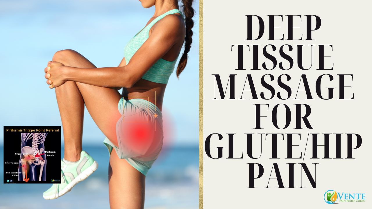 Woman standing on one leg, pulling opposite knee towards her stretch. It is a demonstration of a glute/hip stretch.