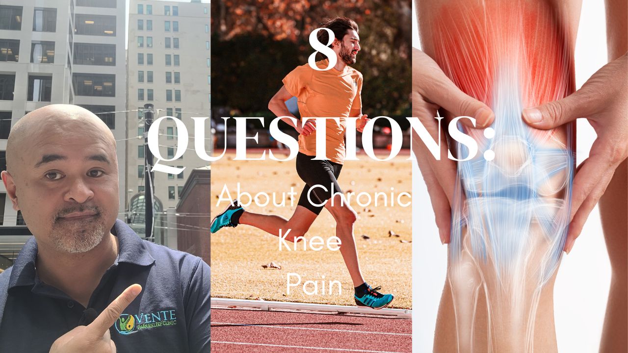 From left to right. Alfie Vente smiling and pointing at the two images to his left. The first is of a man running. The one beside him is of a view of the human knee under the skin. There are two hands holding the knee.