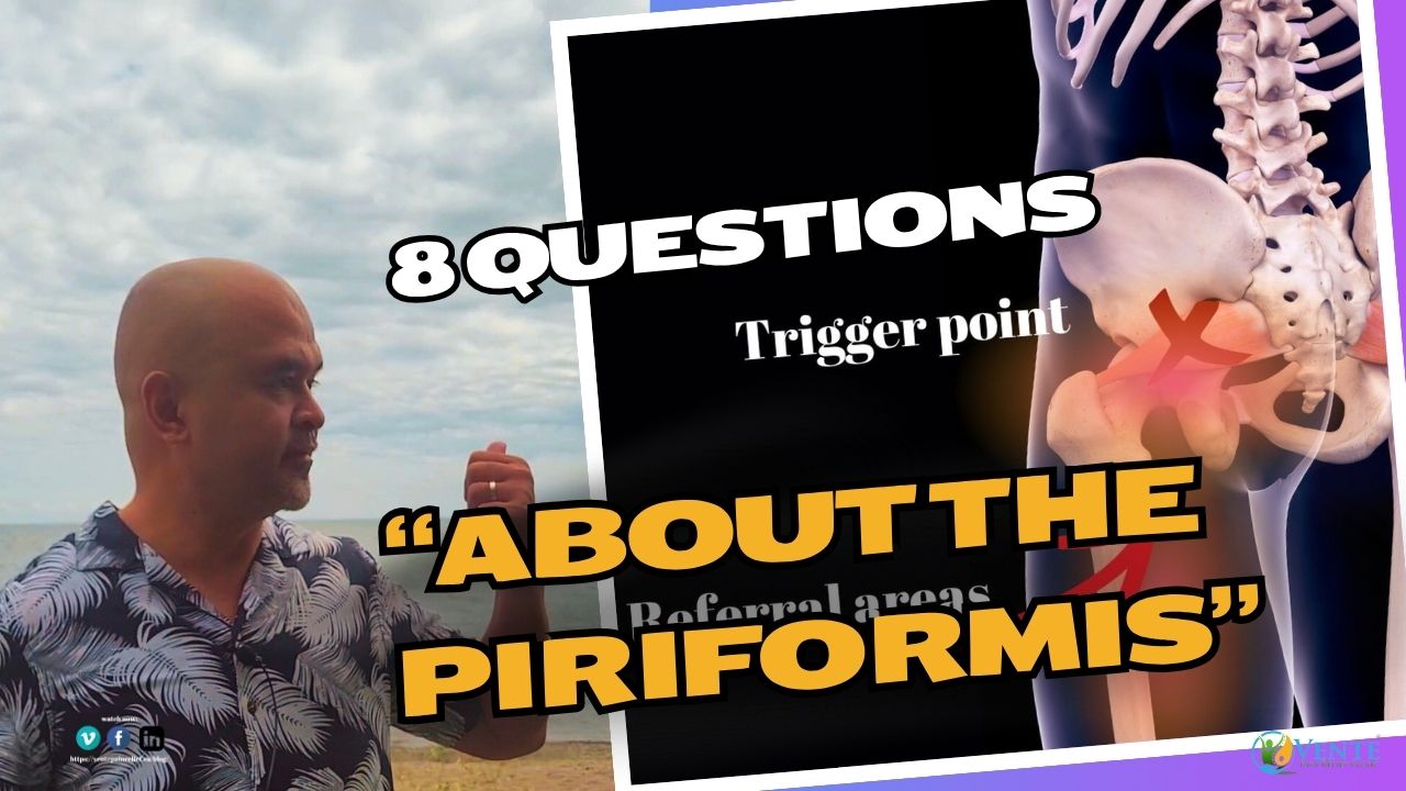 Alfie Vente pointing to an image of the Piriformis muscle of the glute/hip area and it's referral pattern.