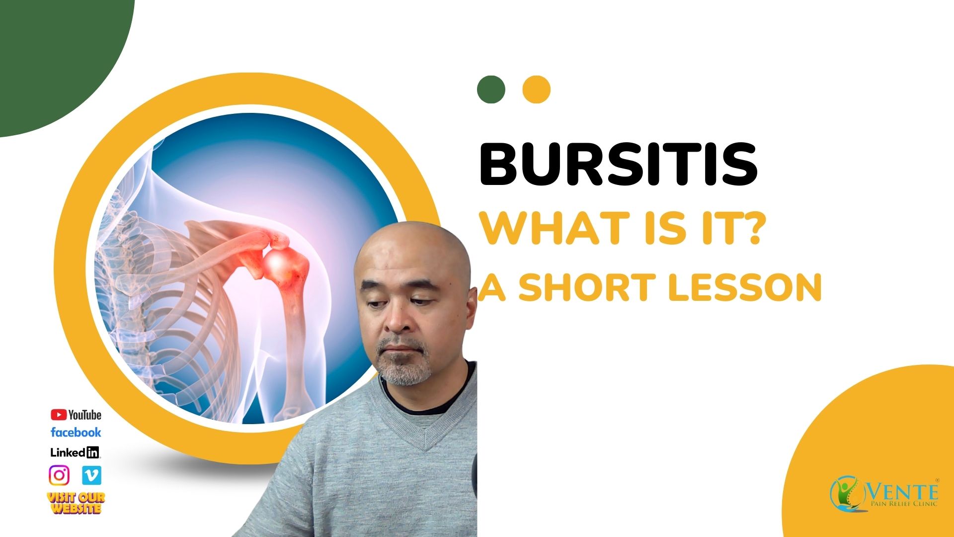 A human skeleton is showing with a picture of a glowing left shoulder, indicating pain. Alfie Vente is also in the image.